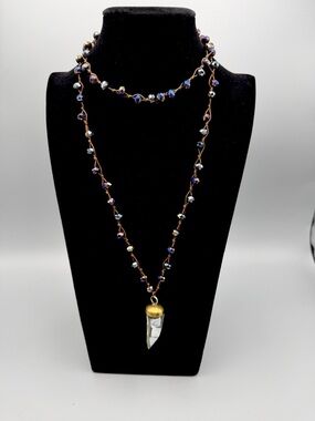 Unbranded Beaded Necklace 36” Purple Crystal Glass Pendant Brown Cord